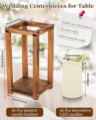 Huquary 32 Pcs Wooden Candle Lantern Bulk Wedding Lantern Centerpiece Includes 16 Farmhouse Wooden Candle Holder and 16 Flameless Decorative LED Candles for Wedding Country Table Decoration in Saudi Arabia