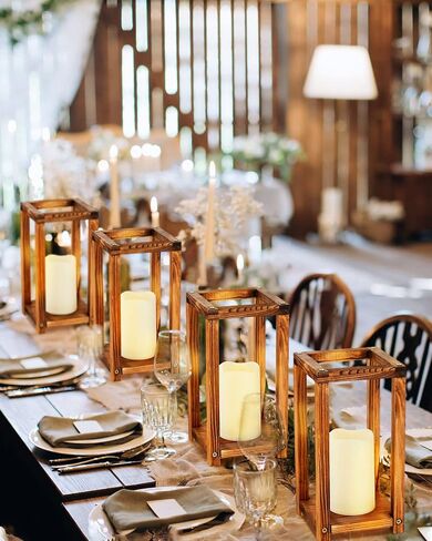 Huquary 32 Pcs Wooden Candle Lantern Bulk Wedding Lantern Centerpiece Includes 16 Farmhouse Wooden Candle Holder and 16 Flameless Decorative LED Candles for Wedding Country Table Decoration in Saudi Arabia