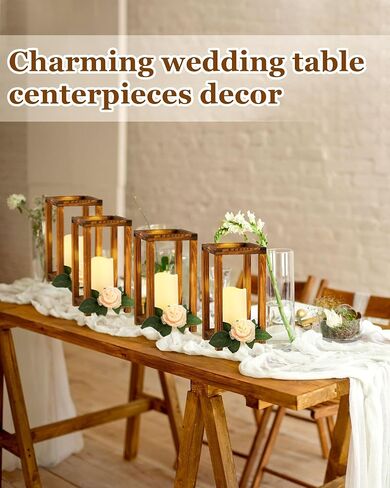 Huquary 32 Pcs Wooden Candle Lantern Bulk Wedding Lantern Centerpiece Includes 16 Farmhouse Wooden Candle Holder and 16 Flameless Decorative LED Candles for Wedding Country Table Decoration in Saudi Arabia