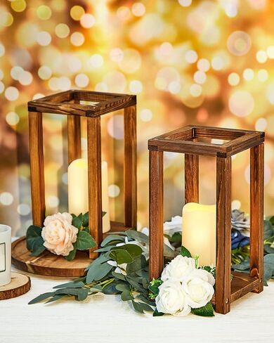 Huquary 32 Pcs Wooden Candle Lantern Bulk Wedding Lantern Centerpiece Includes 16 Farmhouse Wooden Candle Holder and 16 Flameless Decorative LED Candles for Wedding Country Table Decoration in Saudi Arabia