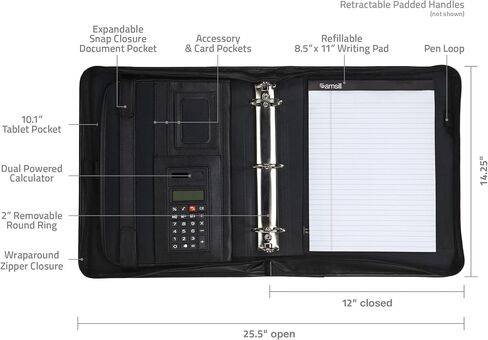 Samsill Professional Padfolio/Portfolio with Zippered Closure Case, 2 Inch Removable Round Ring Binder, Retractable Handles, Interior 10.1" Tablet Sleeve, Black in Saudi Arabia