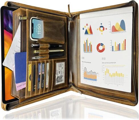 Supreme Business Portfolio by Rustic Town | Professional Organizer for Men & Women | Durable Leather Padfolio | Easy to Carry with A Zippered Closure | Many Slots, Compartments & Holders in Saudi Arabia
