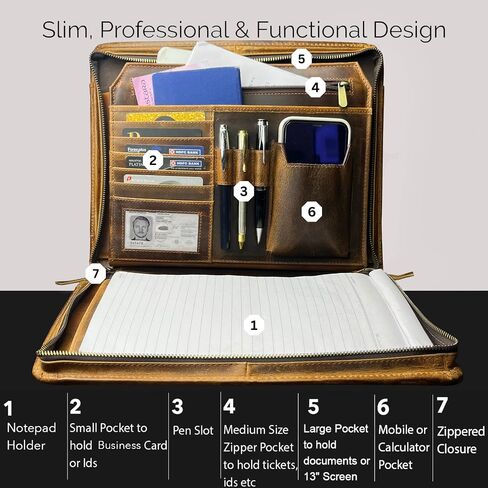 Supreme Business Portfolio by Rustic Town | Professional Organizer for Men & Women | Durable Leather Padfolio | Easy to Carry with A Zippered Closure | Many Slots, Compartments & Holders in Saudi Arabia