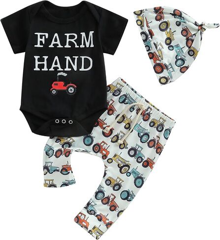 Baby Layette Set Infant Boy Farm Animals Bodysuit Clothes Letter Romper+Pants Newborn Coming Home Outfit with Hat in Kuwait