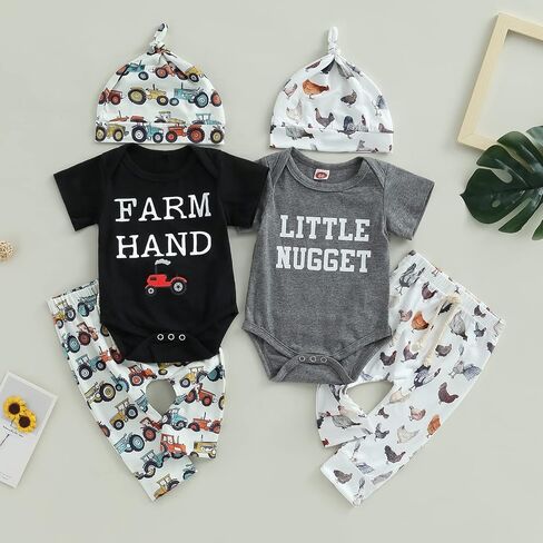 Baby Layette Set Infant Boy Farm Animals Bodysuit Clothes Letter Romper+Pants Newborn Coming Home Outfit with Hat in Kuwait