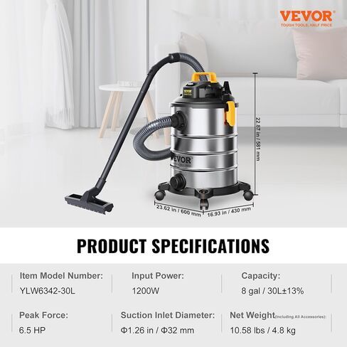VEVOR مكنسة كهربائية للمتجر الرطب والجاف من الفولاذ المقاوم للصدأ، سعة 8 جالون 6 ذروة HP رطب/جاف، شفط قوي مع وظيفة منفاخ مع فوهة شق 2 في 1، متجر صغير مثالي لحطام السجاد، وشعر الحيوانات الأليفة in Saudi Arabia