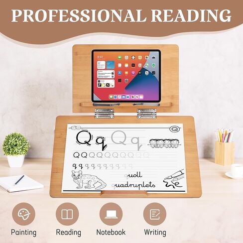 Nisorpa Double-Layer Book Stand 19.6’’×14.1’’, Bamboo Book Stand Multi-Functional Reading Stand with 6 Adjustable Gears, Foldable Book Holder Stand for Writing Reading Drawing, Tawny in Saudi Arabia