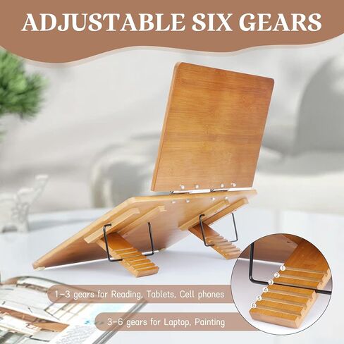 Nisorpa Double-Layer Book Stand 19.6’’×14.1’’, Bamboo Book Stand Multi-Functional Reading Stand with 6 Adjustable Gears, Foldable Book Holder Stand for Writing Reading Drawing, Tawny in Saudi Arabia