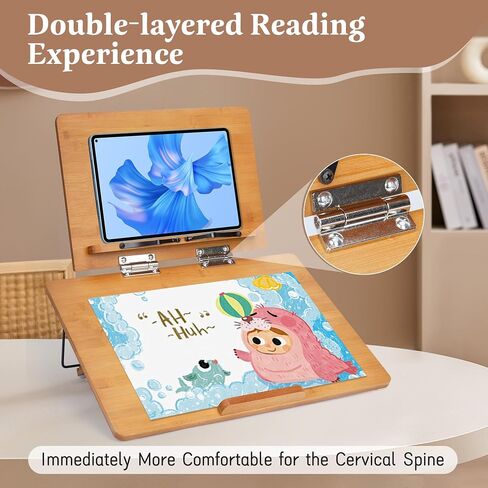 Nisorpa Double-Layer Book Stand 19.6’’×14.1’’, Bamboo Book Stand Multi-Functional Reading Stand with 6 Adjustable Gears, Foldable Book Holder Stand for Writing Reading Drawing, Tawny in Saudi Arabia