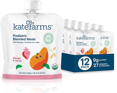 KATE FARMS Organic Pediatric Blended Meal, Mango and Strawberry, 8g protein, organic whole foods, oral or tube feed nutrition, Gluten Free, Non-GMO, 8.45 oz (12 Pack) in Saudi Arabia