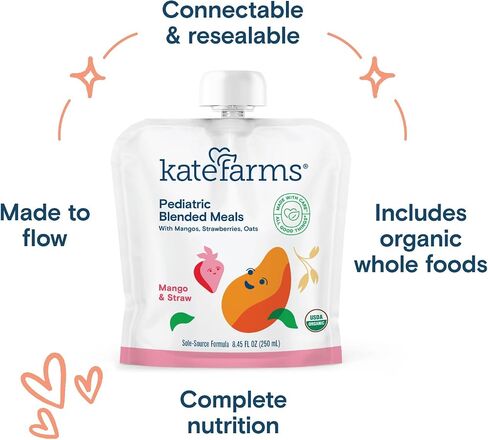 KATE FARMS Organic Pediatric Blended Meal, Mango and Strawberry, 8g protein, organic whole foods, oral or tube feed nutrition, Gluten Free, Non-GMO, 8.45 oz (12 Pack) in Saudi Arabia