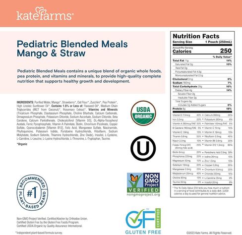 KATE FARMS Organic Pediatric Blended Meal, Mango and Strawberry, 8g protein, organic whole foods, oral or tube feed nutrition, Gluten Free, Non-GMO, 8.45 oz (12 Pack) in Saudi Arabia