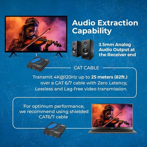 OREI 4K @ 120hz HDMI Over Ethernet Extender Balun - UltraHD 4:4:4 عبر كابل CAT6/7 فردي مع HDR وتحكم IR، RS-232 - ما يصل إلى 100 قدم مع مخرج صوت CAT6/7 L/R (UHD-EX120HZ) -ك) in Saudi Arabia