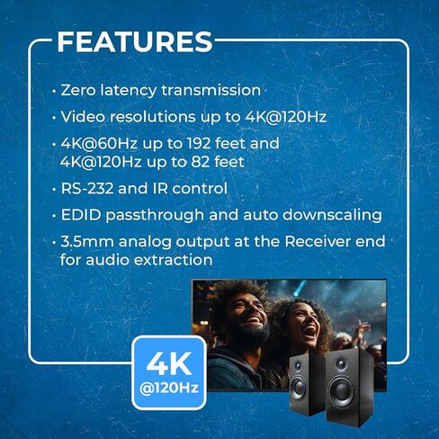 OREI 4K @ 120hz HDMI Over Ethernet Extender Balun - UltraHD 4:4:4 عبر كابل CAT6/7 فردي مع HDR وتحكم IR، RS-232 - ما يصل إلى 100 قدم مع مخرج صوت CAT6/7 L/R (UHD-EX120HZ) -ك) in Saudi Arabia