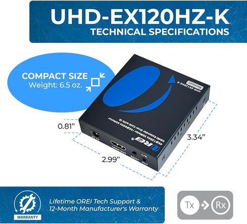 OREI 4K @ 120hz HDMI Over Ethernet Extender Balun - UltraHD 4:4:4 عبر كابل CAT6/7 فردي مع HDR وتحكم IR، RS-232 - ما يصل إلى 100 قدم مع مخرج صوت CAT6/7 L/R (UHD-EX120HZ) -ك) in Saudi Arabia