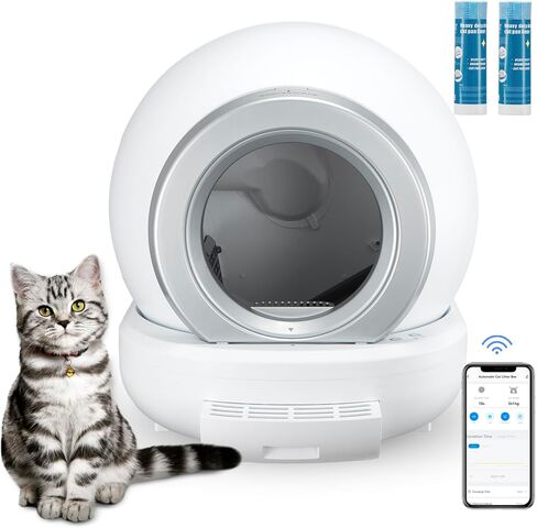 صندوق فضلات القطط ذاتي التنظيف، سعة 65 لتر + 9 لتر، صندوق فضلات القطط ذو سعة كبيرة، تطبيق للتنظيف التلقائي، مناسب لإزالة الروائح الكريهة للقطط المتعددة مع بكرتين من أكياس القمامة in Kuwait