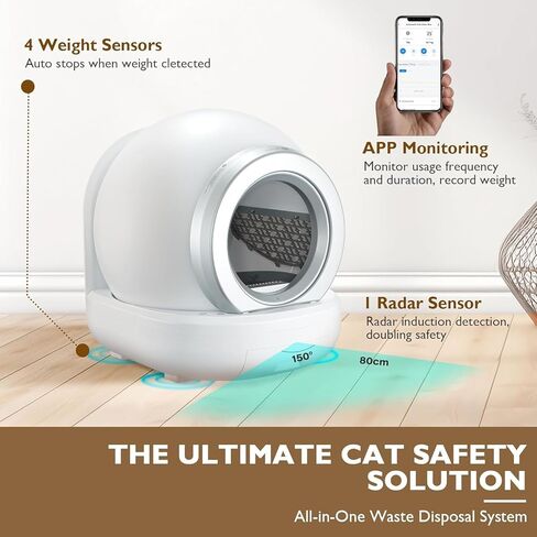 صندوق فضلات القطط ذاتي التنظيف، سعة 65 لتر + 9 لتر، صندوق فضلات القطط ذو سعة كبيرة، تطبيق للتنظيف التلقائي، مناسب لإزالة الروائح الكريهة للقطط المتعددة مع بكرتين من أكياس القمامة in Kuwait