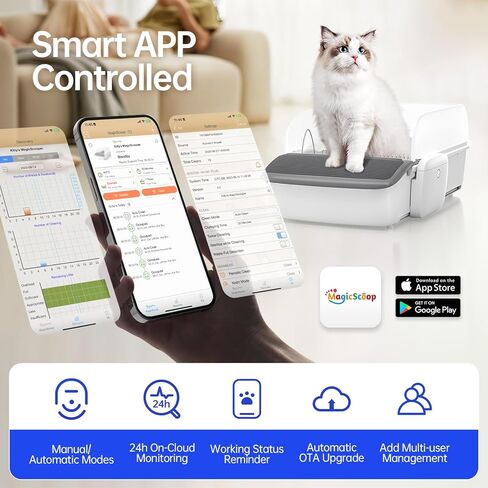 صندوق فضلات التنظيف الذاتي من ماجيك سكوب، صندوق فضلات القطط الأوتوماتيكي المفتوح مع التحكم الذكي في التطبيق، مضاد للقرص/إزالة الرائحة/البراز غير اللاصق، روبوت فضلات مفتوح مع سلة مهملات كبيرة جدًا سعة 7 لتر للقطط المتعددة in Kuwait
