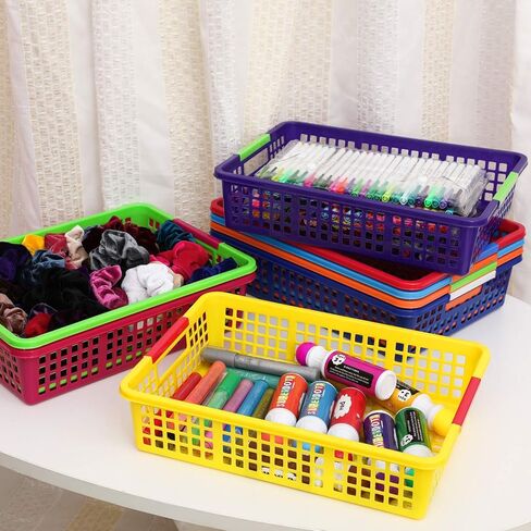 سلة تنظيم الورق من ماجيك فلاي، عبوة مكونة من 8 قطع، صناديق بلاستيكية ملونة بمقابض، حامل ملفات مكتب الفصل الدراسي، صواني تنظيم السلال البلاستيكية مع مشابك ورقية للوازم المدرسية والأدراج والمكاتب in Kuwait
