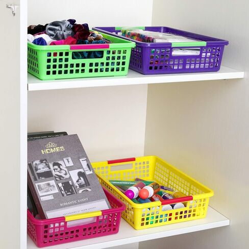 سلة تنظيم الورق من ماجيك فلاي، عبوة مكونة من 8 قطع، صناديق بلاستيكية ملونة بمقابض، حامل ملفات مكتب الفصل الدراسي، صواني تنظيم السلال البلاستيكية مع مشابك ورقية للوازم المدرسية والأدراج والمكاتب in Kuwait