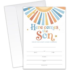 هنا يأتي الابن! - دعوات استحمام لطيفة للأطفال - 20 بطاقة دعوة مقاس 4 × 6 بوصات مع 20 ظرفًا - دعوات استحمام للأطفال.(122) in Kuwait