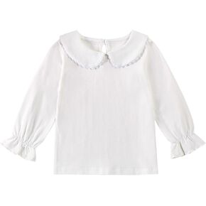 قميص بياقة طويلة الأكمام للأطفال والبنات الصغار، بلوزة بيضاء منتفخة بأكمام قصيرة، تي شيرت بلون سادة، الجزء العلوي الأساسي in Kuwait