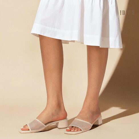 IDIFU IN2 Women's Mesh Heeled Sandals Square Open Toe Slip On Mules with Low Chunky Block Heel Daily Casual Slides Heels in Kuwait