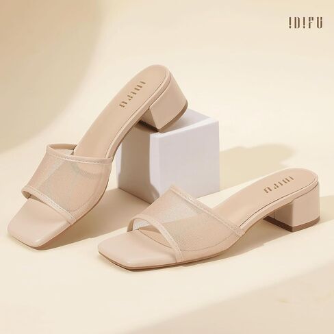 IDIFU IN2 Women's Mesh Heeled Sandals Square Open Toe Slip On Mules with Low Chunky Block Heel Daily Casual Slides Heels in Kuwait