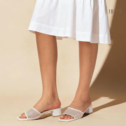 IDIFU IN2 Women's Mesh Heeled Sandals Square Open Toe Slip On Mules with Low Chunky Block Heel Daily Casual Slides Heels in Kuwait