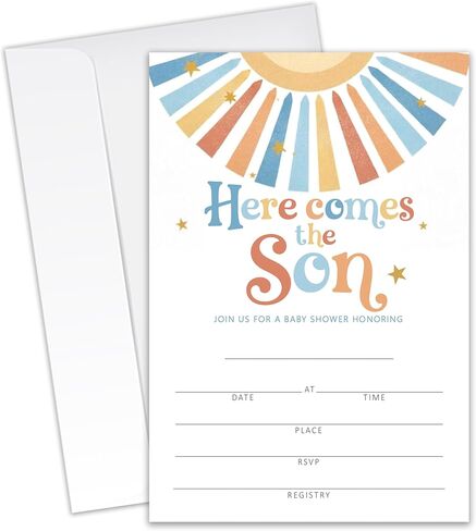 هنا يأتي الابن! - دعوات استحمام لطيفة للأطفال - 20 بطاقة دعوة مقاس 4 × 6 بوصات مع 20 ظرفًا - دعوات استحمام للأطفال.(122) in Kuwait