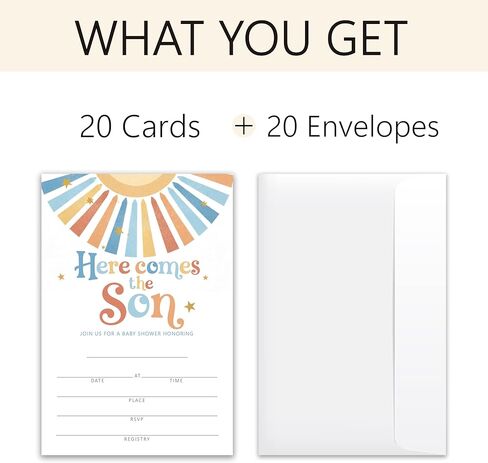 هنا يأتي الابن! - دعوات استحمام لطيفة للأطفال - 20 بطاقة دعوة مقاس 4 × 6 بوصات مع 20 ظرفًا - دعوات استحمام للأطفال.(122) in Kuwait