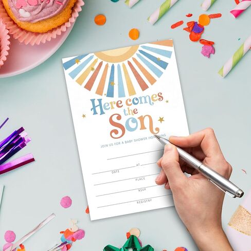 هنا يأتي الابن! - دعوات استحمام لطيفة للأطفال - 20 بطاقة دعوة مقاس 4 × 6 بوصات مع 20 ظرفًا - دعوات استحمام للأطفال.(122) in Kuwait