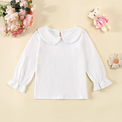 Kids Baby Girl Long Sleeve Collar Shirt Toddler White Blouse Puff Short Sleeve T-Shirt Solid Color Basic Top Bottom in Kuwait