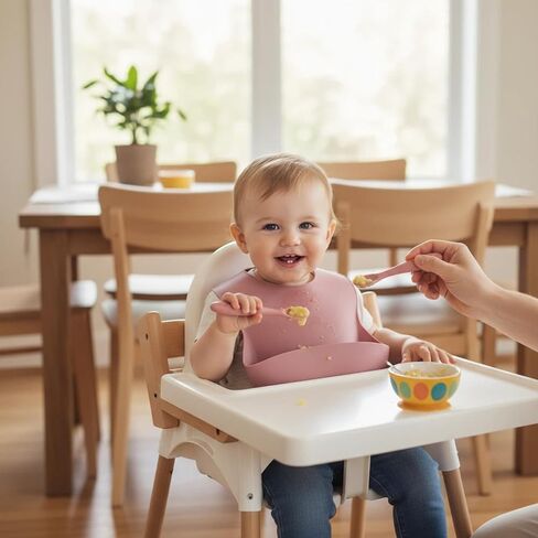 مريلة أطفال سيليكون 2 قطعة مع ملاعق سيليكون للأطفال ذاتية التغذية مقاومة للماء وناعمة in Saudi Arabia