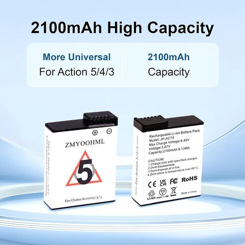 osmo Action 5 pro/4/3 Battery - 2100mah high Capacity Fast Charger, Compatible with Action 5/4/3 Battery and Accessories(1 Charger and 2 Batteries) in Saudi Arabia