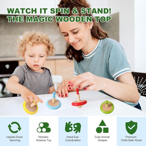 WODI 3PCS Wooden Spinning Tops - Adorable Animal Gyroscope Toys for Toddlers, Safe & Fun Montessori Educational Gift, Fidget Spinner for Kids/Toddlers (#2) in Kuwait