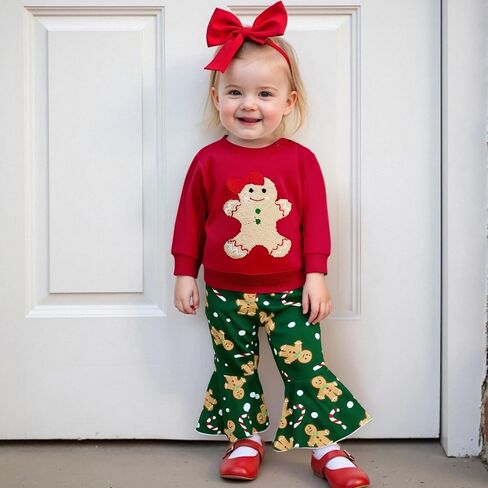 Amuver Toddler Baby Girl Christmas Outfit Gingerbread Sweatshirt Candy Cane Flare Bell Bottom Pants Clothes Set in Saudi Arabia