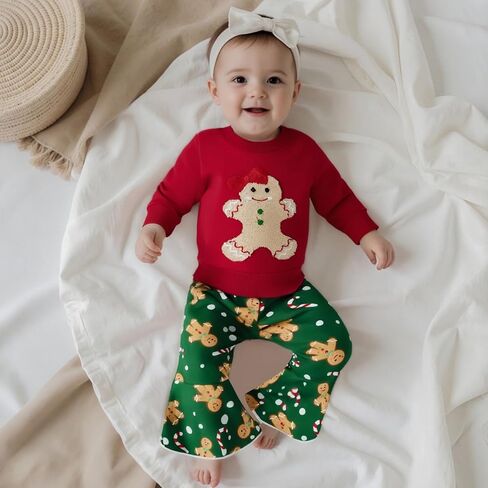 Amuver Toddler Baby Girl Christmas Outfit Gingerbread Sweatshirt Candy Cane Flare Bell Bottom Pants Clothes Set in Saudi Arabia
