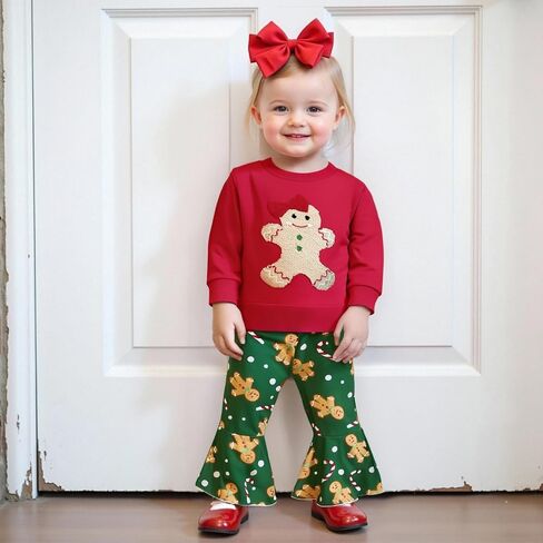 Amuver Toddler Baby Girl Christmas Outfit Gingerbread Sweatshirt Candy Cane Flare Bell Bottom Pants Clothes Set in Saudi Arabia