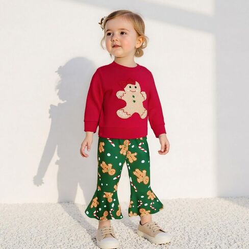 Amuver Toddler Baby Girl Christmas Outfit Gingerbread Sweatshirt Candy Cane Flare Bell Bottom Pants Clothes Set in Saudi Arabia
