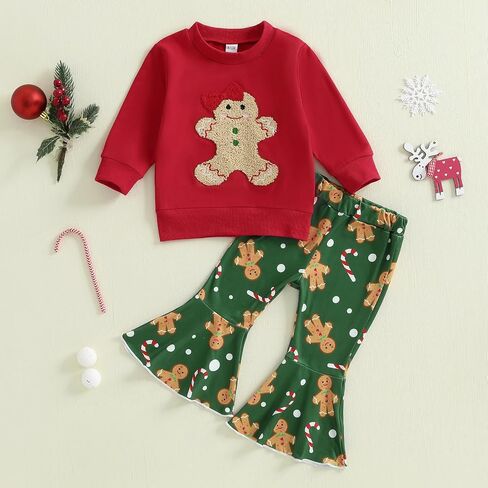 Amuver Toddler Baby Girl Christmas Outfit Gingerbread Sweatshirt Candy Cane Flare Bell Bottom Pants Clothes Set in Saudi Arabia