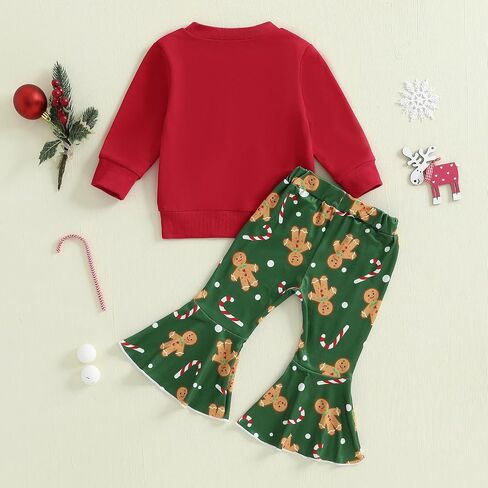 Amuver Toddler Baby Girl Christmas Outfit Gingerbread Sweatshirt Candy Cane Flare Bell Bottom Pants Clothes Set in Saudi Arabia