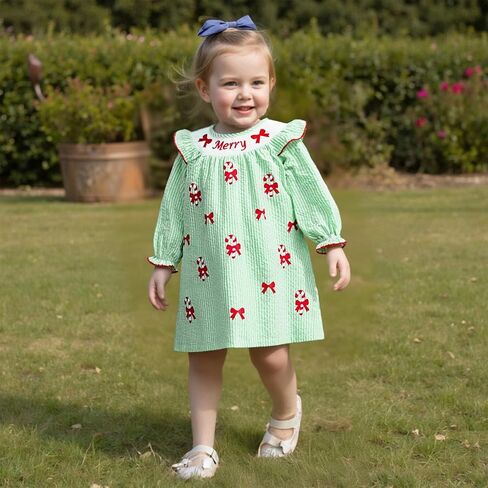 Toddler Little Baby Girl Christmas Dress Ruffle Long Sleeve Smocked Dresses Merry Christmas Outfit for Kids in Saudi Arabia