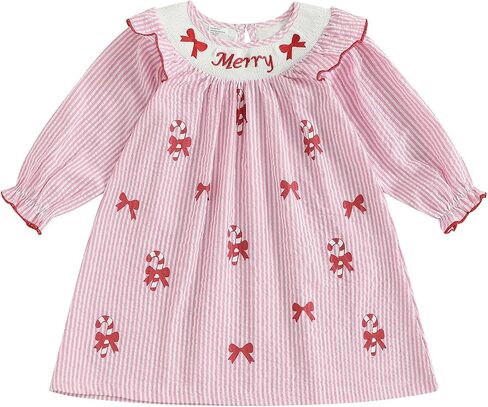 Toddler Little Baby Girl Christmas Dress Ruffle Long Sleeve Smocked Dresses Merry Christmas Outfit for Kids in Saudi Arabia