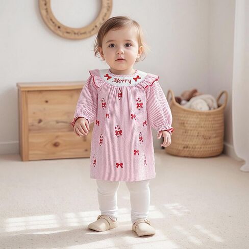 Toddler Little Baby Girl Christmas Dress Ruffle Long Sleeve Smocked Dresses Merry Christmas Outfit for Kids in Saudi Arabia