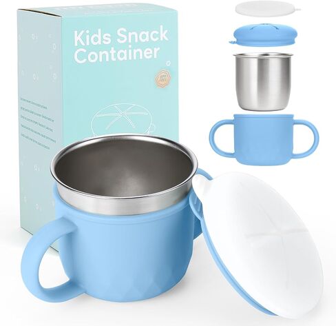 Mity rain 2-Pack Stainless Steel Snack Containers, 4-in-1 Spill proof Snack Cups With Silicone Lid and Handle, Dishwasher Safe Travel Snack Containers for Kids and Infants (Green + Blue) in Saudi Arabia