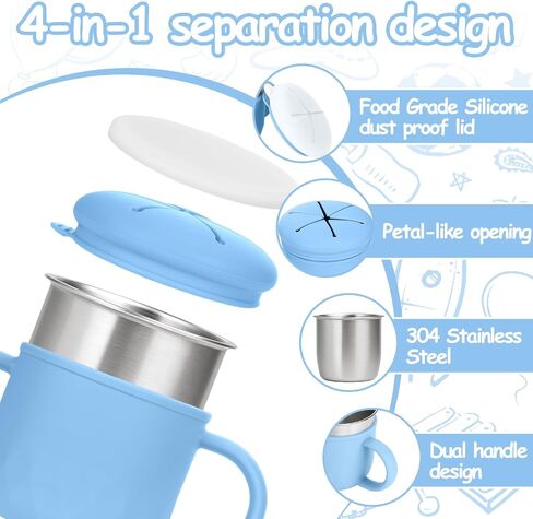 Mity rain 2-Pack Stainless Steel Snack Containers, 4-in-1 Spill proof Snack Cups With Silicone Lid and Handle, Dishwasher Safe Travel Snack Containers for Kids and Infants (Green + Blue) in Saudi Arabia