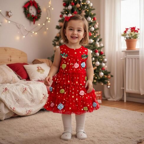 Toddler Baby Girl Christmas Dress Little Girls Star Sequin Pompom Xmas Tree Tulle Tutu Christmas Dresses in Saudi Arabia