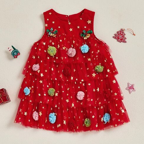 Toddler Baby Girl Christmas Dress Little Girls Star Sequin Pompom Xmas Tree Tulle Tutu Christmas Dresses in Saudi Arabia
