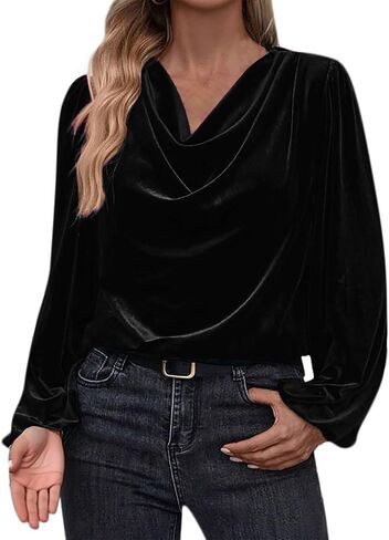 Women's Velvet Shirts Casual Long Sleeve Cowl Neck Drape Ruched Front Tops Blouse Comfy Loose Fit Elegant Tshirts in Saudi Arabia